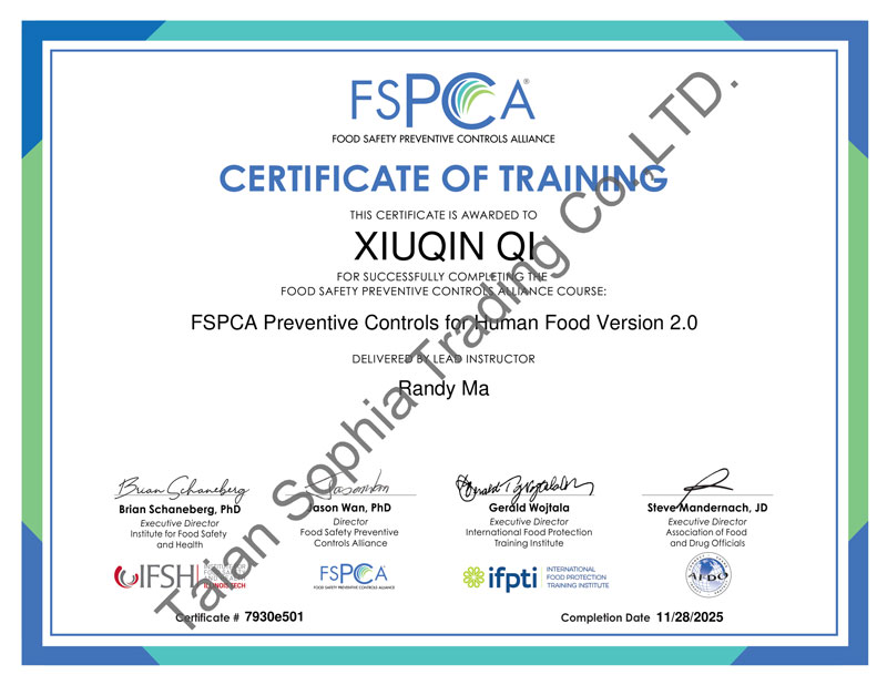 FSPCA CERTIFICATE OF TRAINING